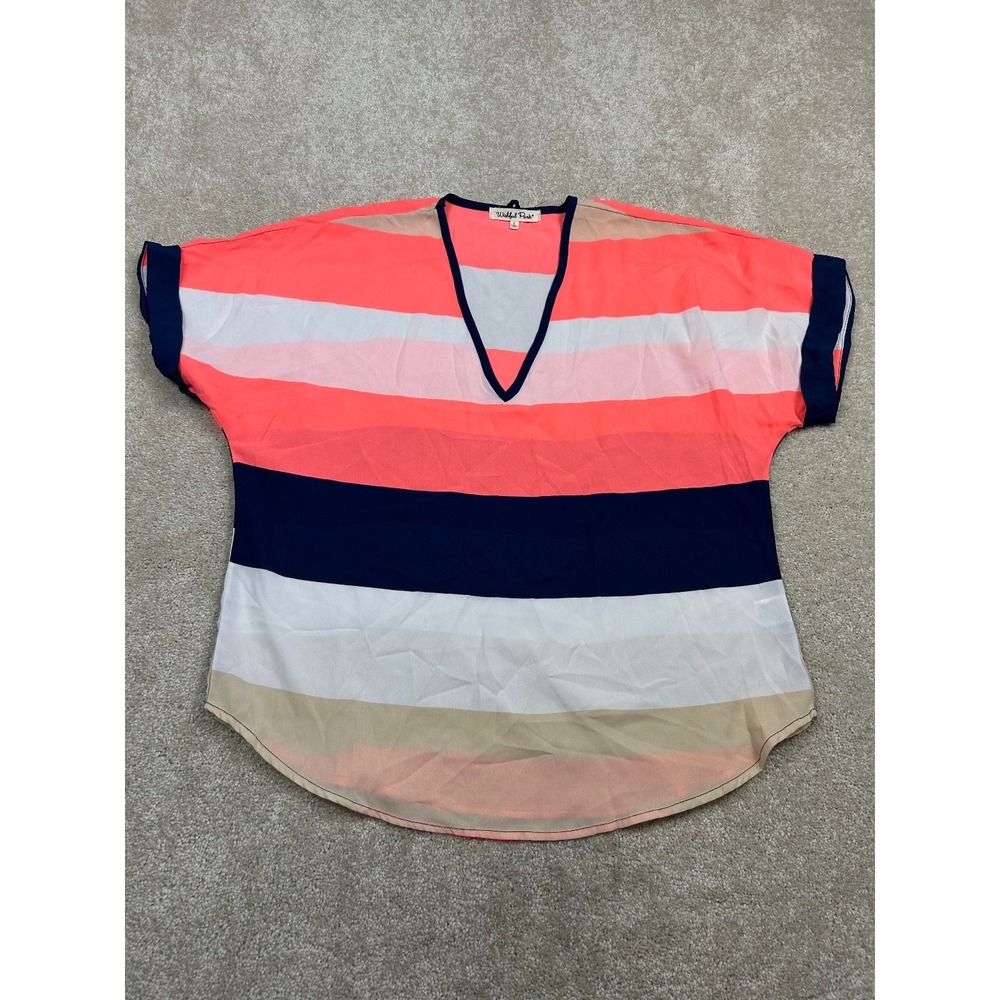 Wishful Park Women's Top Coral White Navy Tan L Striped V-Neck Dolman Blouse